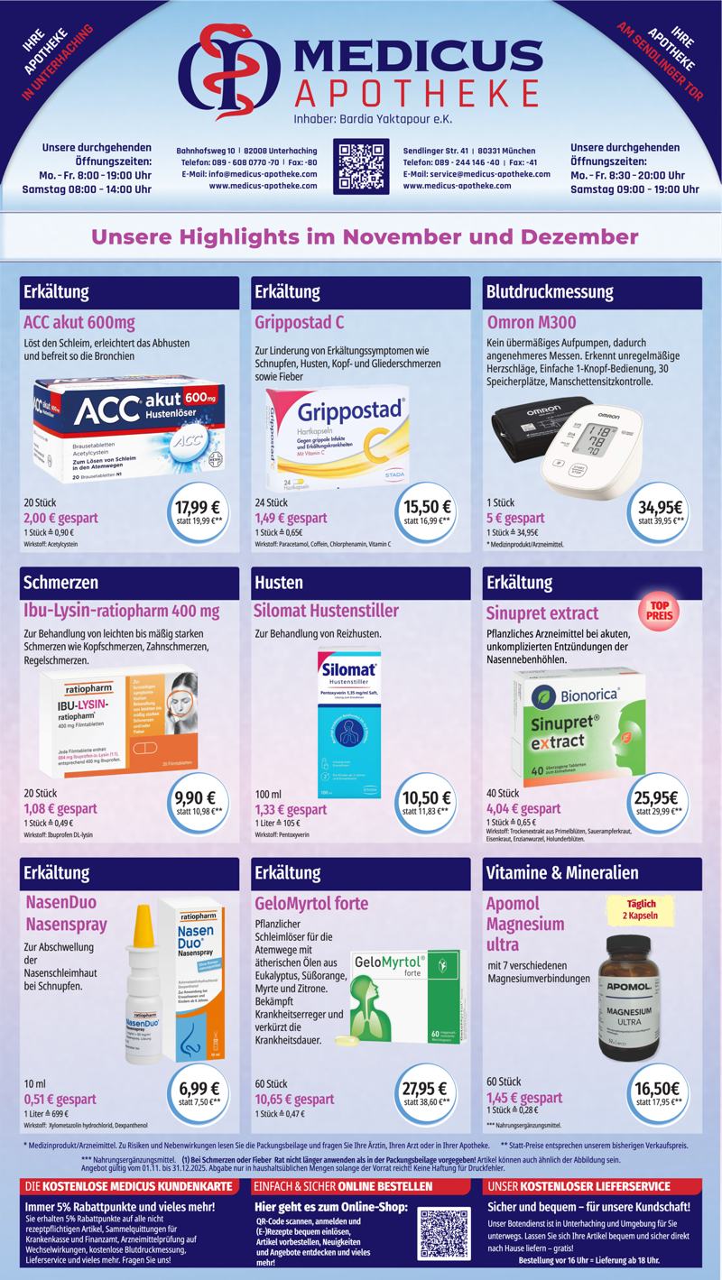 Monatlicher Angebotsflyer der Apotheke mit Informationen zu Öffnungszeiten, Leistungen, Aktionen und wechselnden Produktangeboten aus Bereichen wie Gesundheit, Pflege und Selbstmedikation.